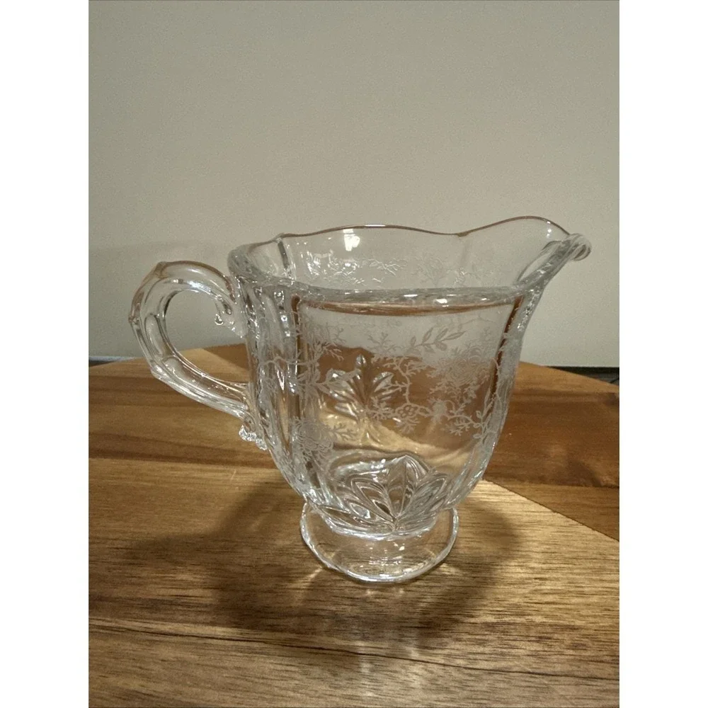 Vintage Etched‎ Glass Creamer Sugar Bowl Set Floral Cottagecore 3 piece